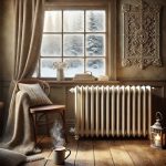 A cozy winter scene featuring a vintage cast iron radiator in a warmly lit living room