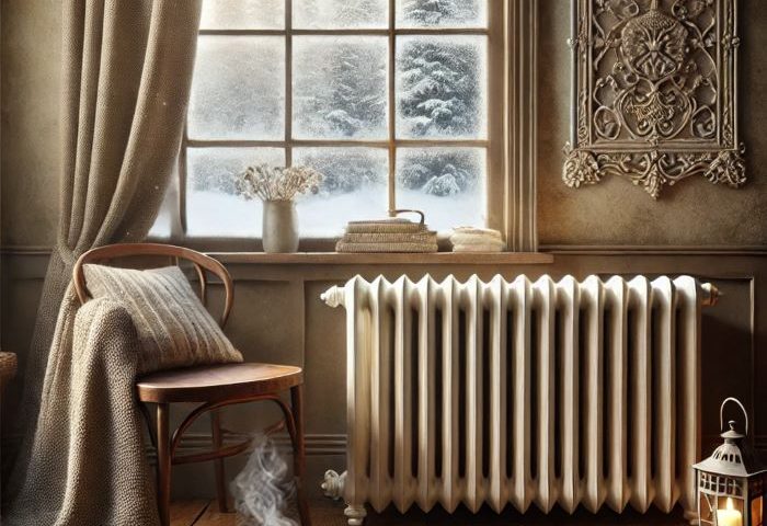 A cozy winter scene featuring a vintage cast iron radiator in a warmly lit living room