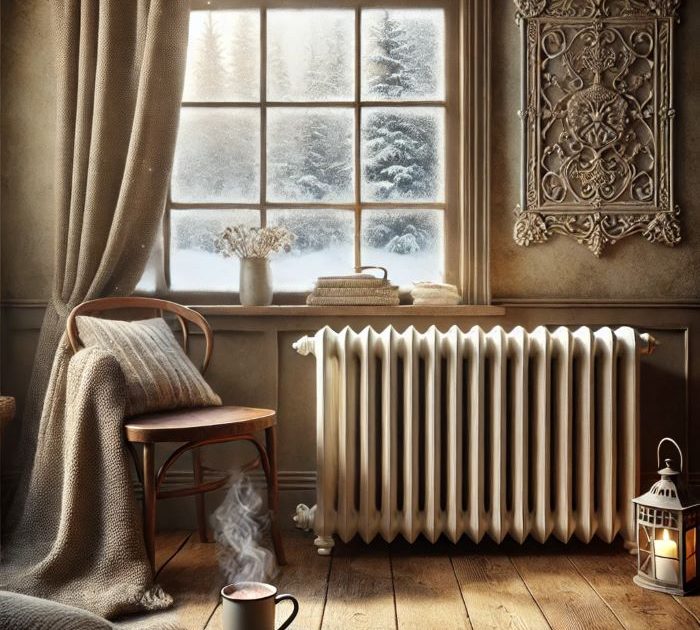 A cozy winter scene featuring a vintage cast iron radiator in a warmly lit living room