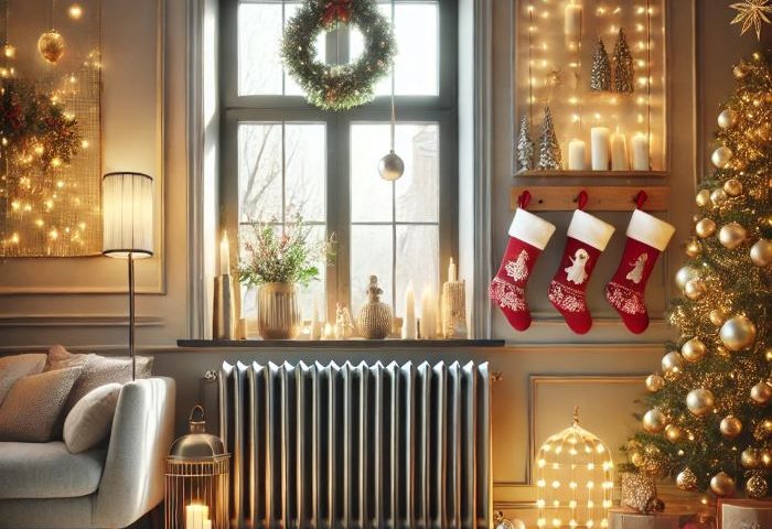 A modern and stylish living room features a single elegant cast iron radiator mounted under a window