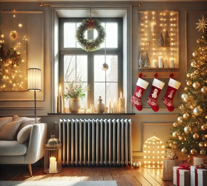 A modern and stylish living room features a single elegant cast iron radiator mounted under a window