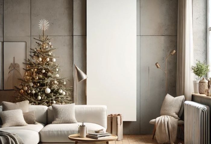 A modern living room designed for winter, showcasing a radiator in a soft neutral color