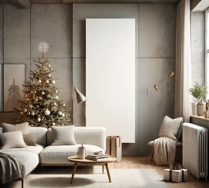 A modern living room designed for winter, showcasing a radiator in a soft neutral color